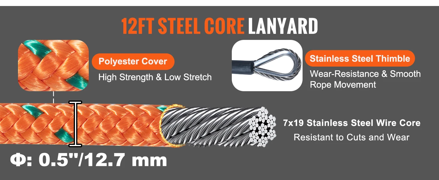 SucceBuy Steel Wire Core Flip Line Kit25KN Breaking Tension Solid Snap Hooks & Rope Grap for Arborists Tree Climbers Outdoors