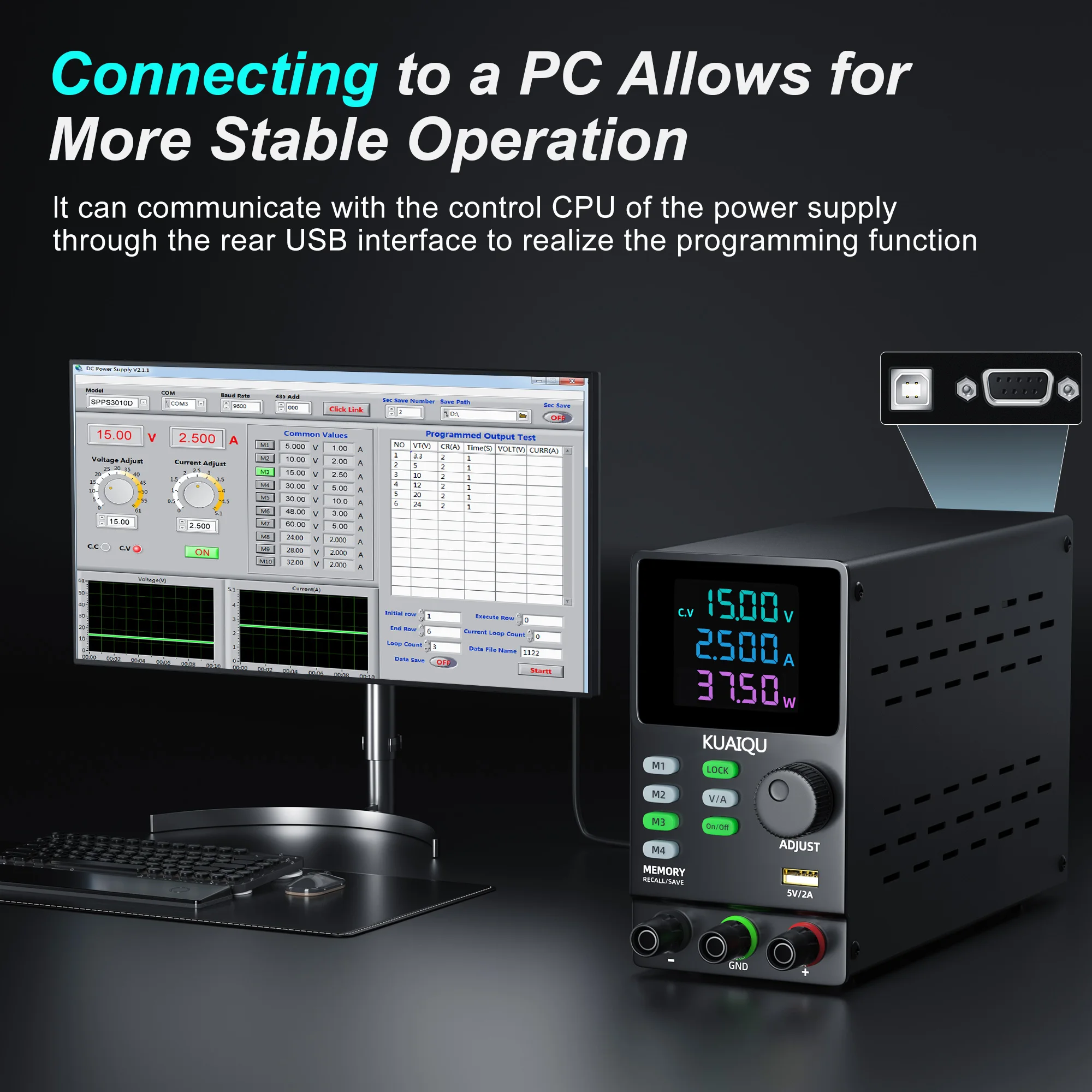 KUAIQU 300V 1A 300W Lab DC Power Supply RS232 USB Software Power Source 12V 30V 10A 200V Adjustable Voltage Regulator For Test