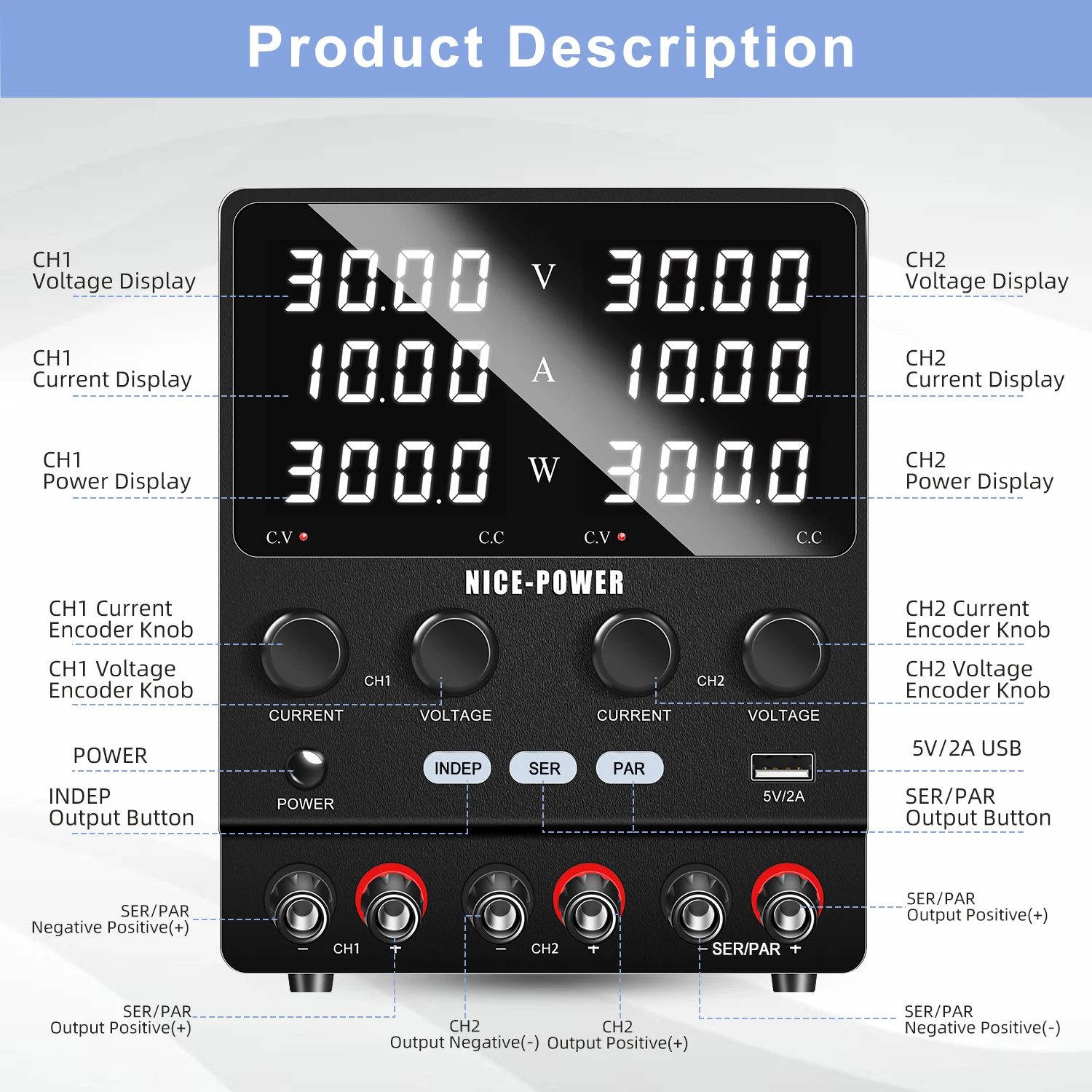 Dual-Channel 30V 10A 300W DC Power Supply 3-modes PAR SER INDEP Switching Power Supply Series Parallel Output Source Repai