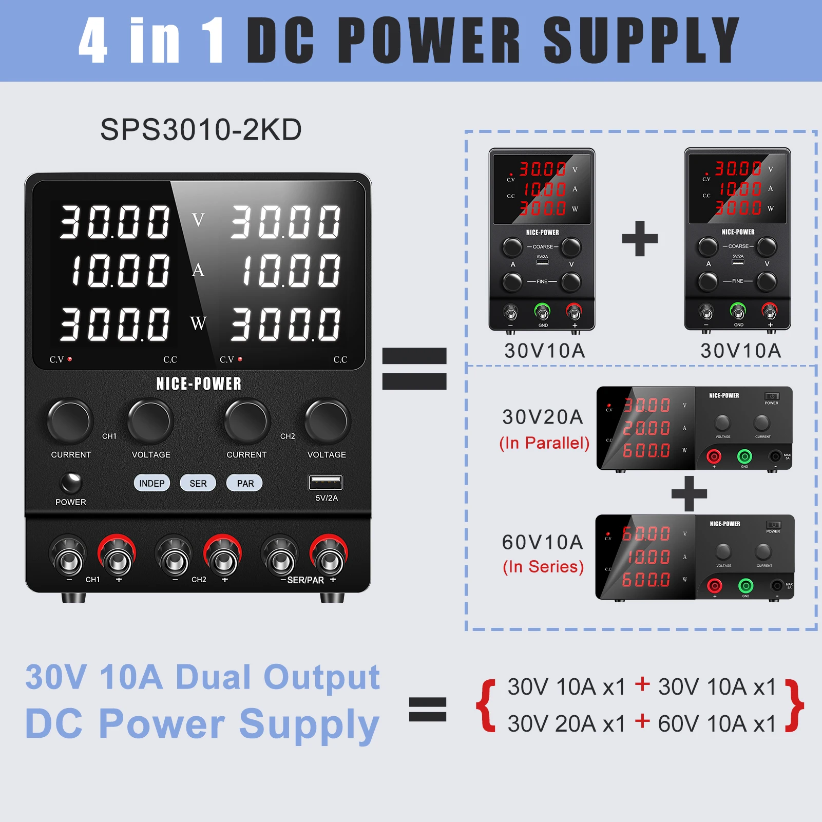 Dual-Channel 30V 10A 300W DC Power Supply 3-modes PAR SER INDEP Switching Power Supply Series Parallel Output Source Repai