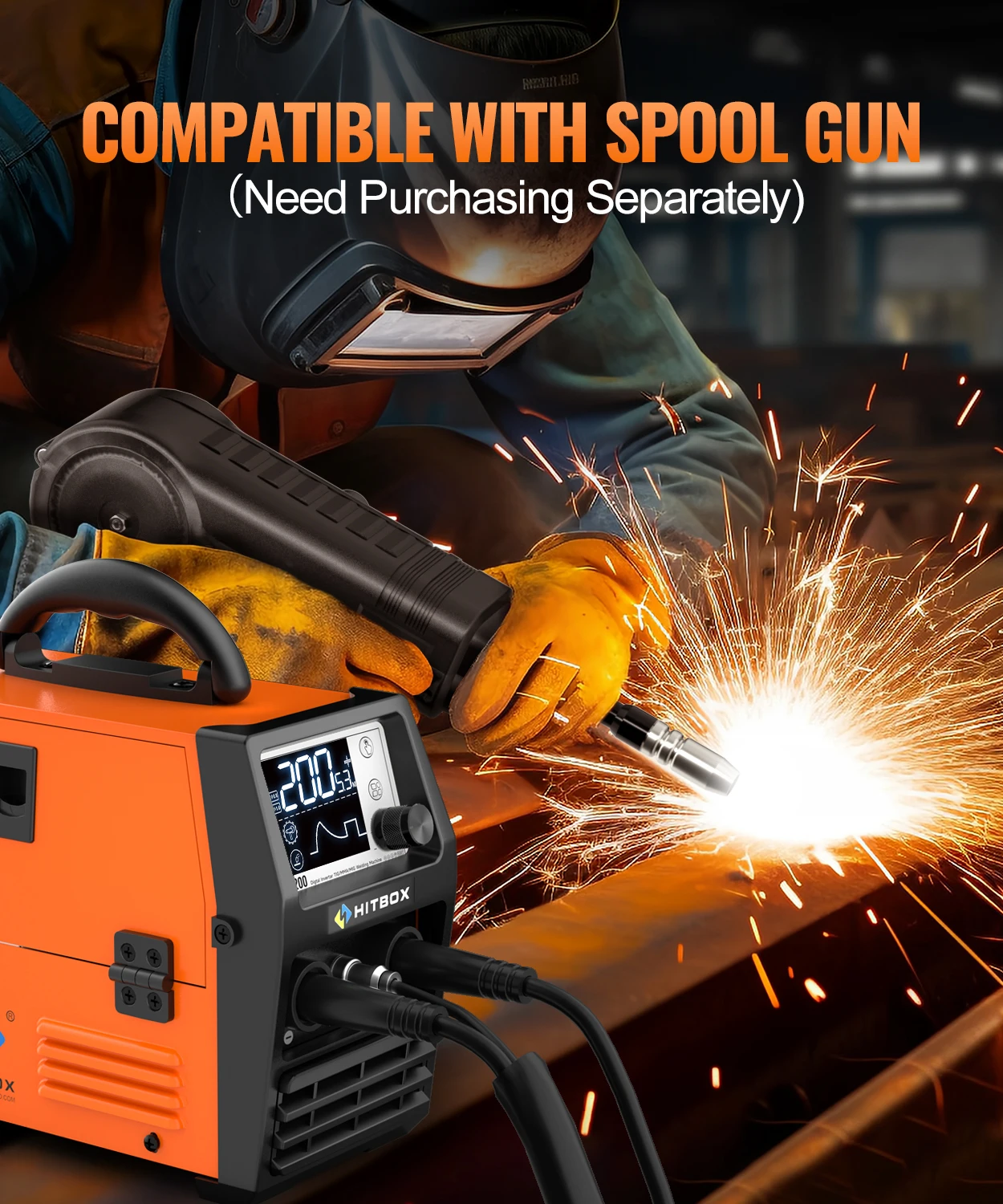 HITBOX HIM200 Welder Synergic MMA Flux MIG Lift TIG Spool Gun 4-in-1 Multi-process Portable Semi-Automatic Welding Tool for DIY Workshop
