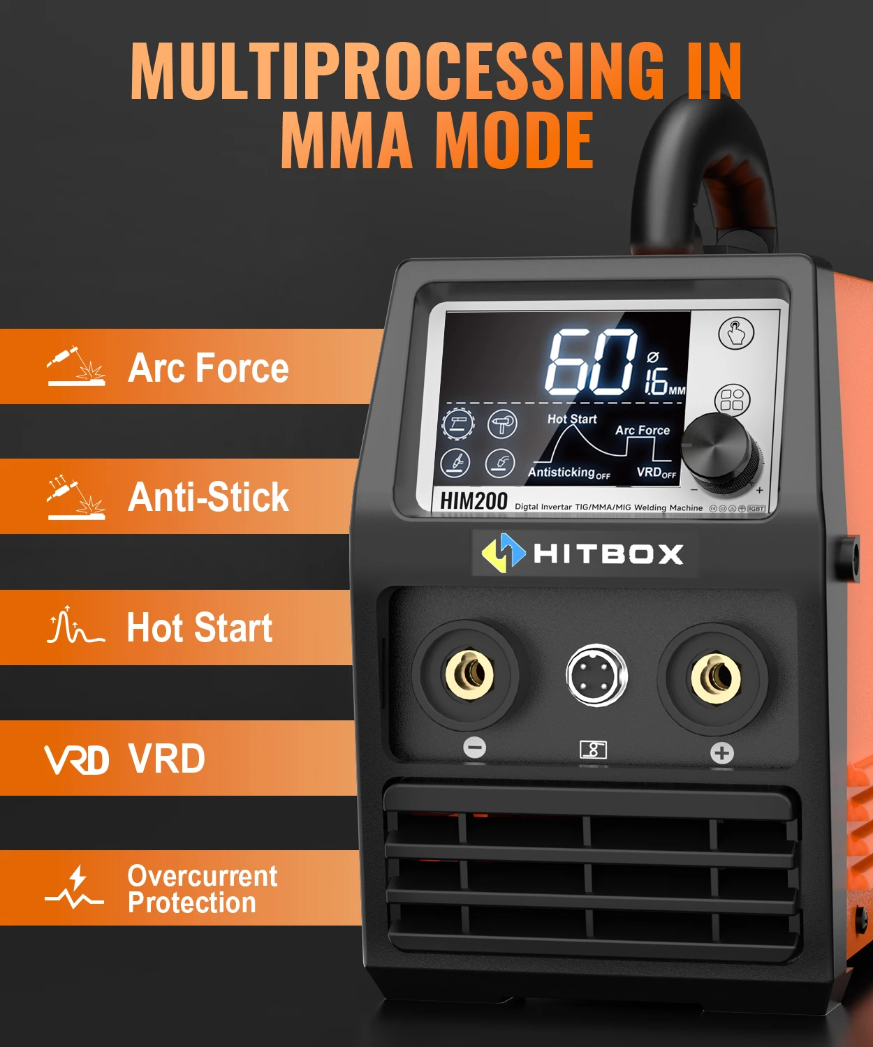 HITBOX HIM200 Welder Synergic MMA Flux MIG Lift TIG Spool Gun 4-in-1 Multi-process Portable Semi-Automatic Welding Tool for DIY Workshop