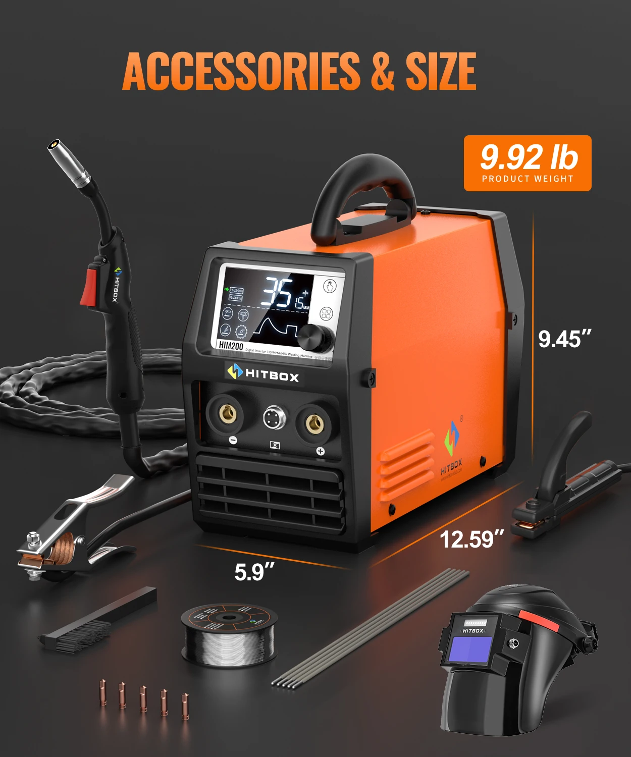 HITBOX HIM200 Welder Synergic MMA Flux MIG Lift TIG Spool Gun 4-in-1 Multi-process Portable Semi-Automatic Welding Tool for DIY Workshop