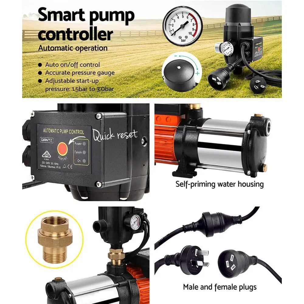 1800W 5 Stage Garden Water Pump High Pressure Irrigation Booster Pump Automatic Multi Stage External Sprinkler Pump for rainwater Tank Transfer Home Farm Lawn Black