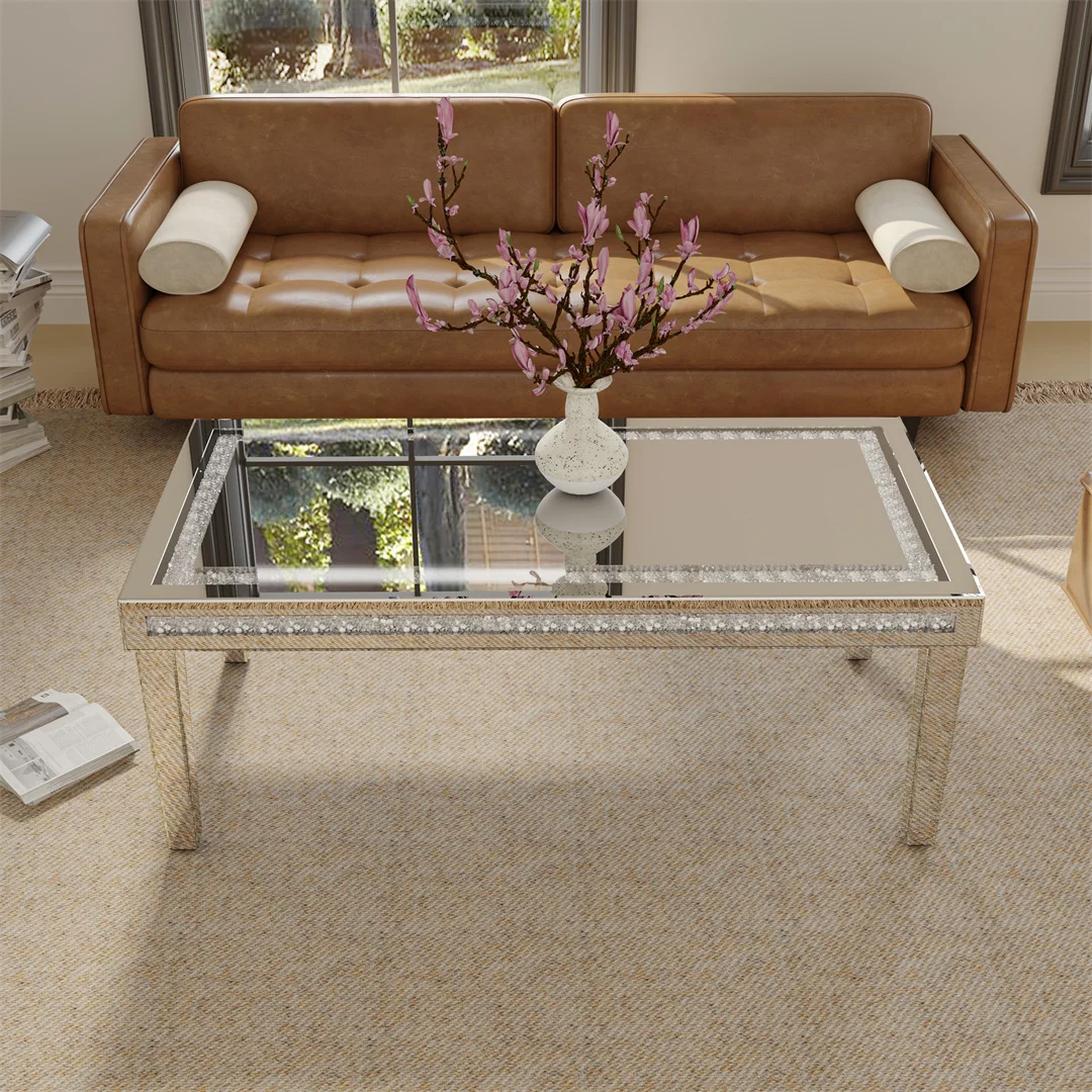 120cm Long Luxury Rectangular Mirrored Coffee Table with Crystal Diamonds Inlay, Living Room Center Table Furniture
