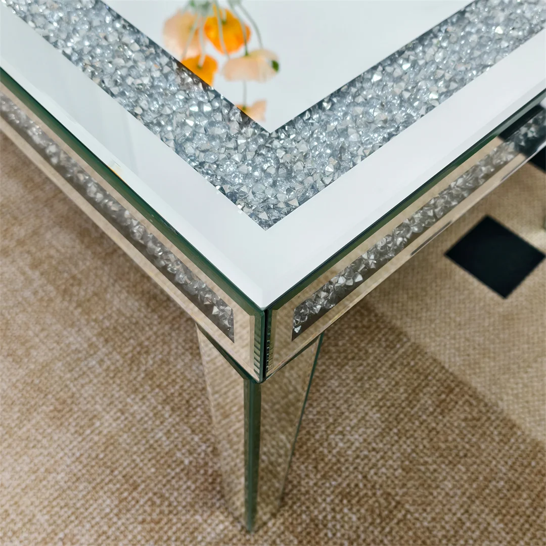 120cm Long Luxury Rectangular Mirrored Coffee Table with Crystal Diamonds Inlay, Living Room Center Table Furniture