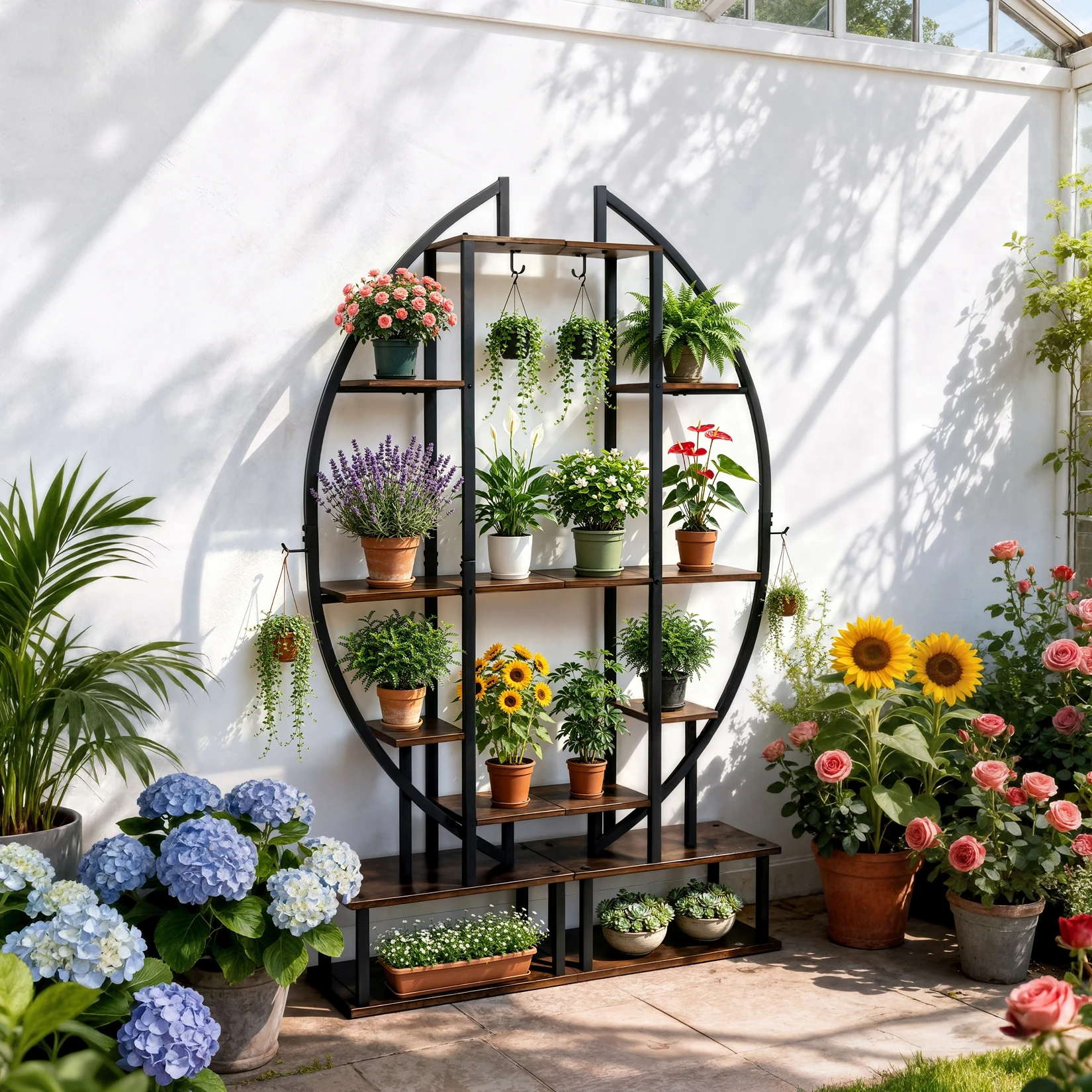 Tall Half-Moon Metal Plant Stand 7-Tiered Flower Display Shelf Indoor Storage Rack for Home Garden Decor