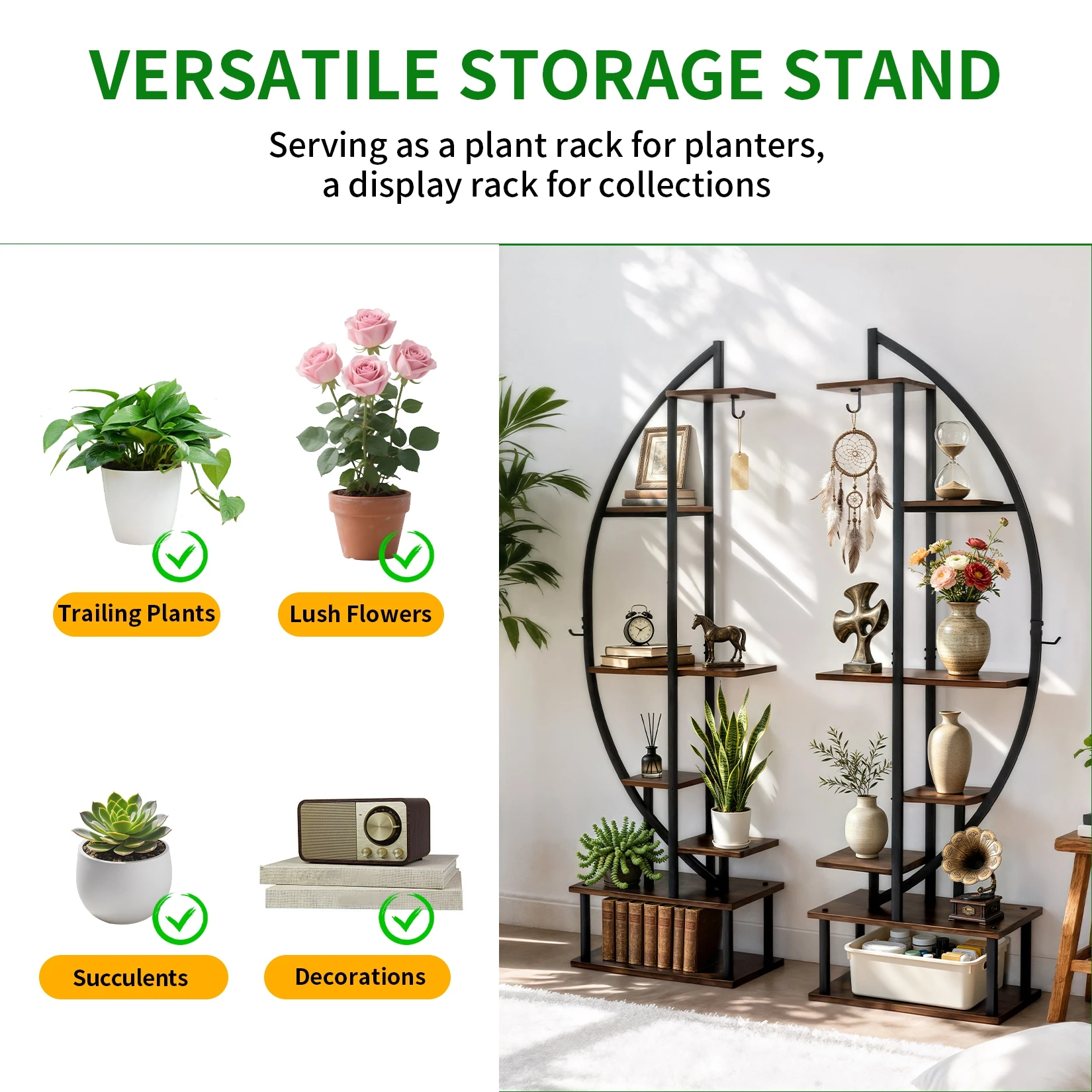 Tall Half-Moon Metal Plant Stand 7-Tiered Flower Display Shelf Indoor Storage Rack for Home Garden Decor