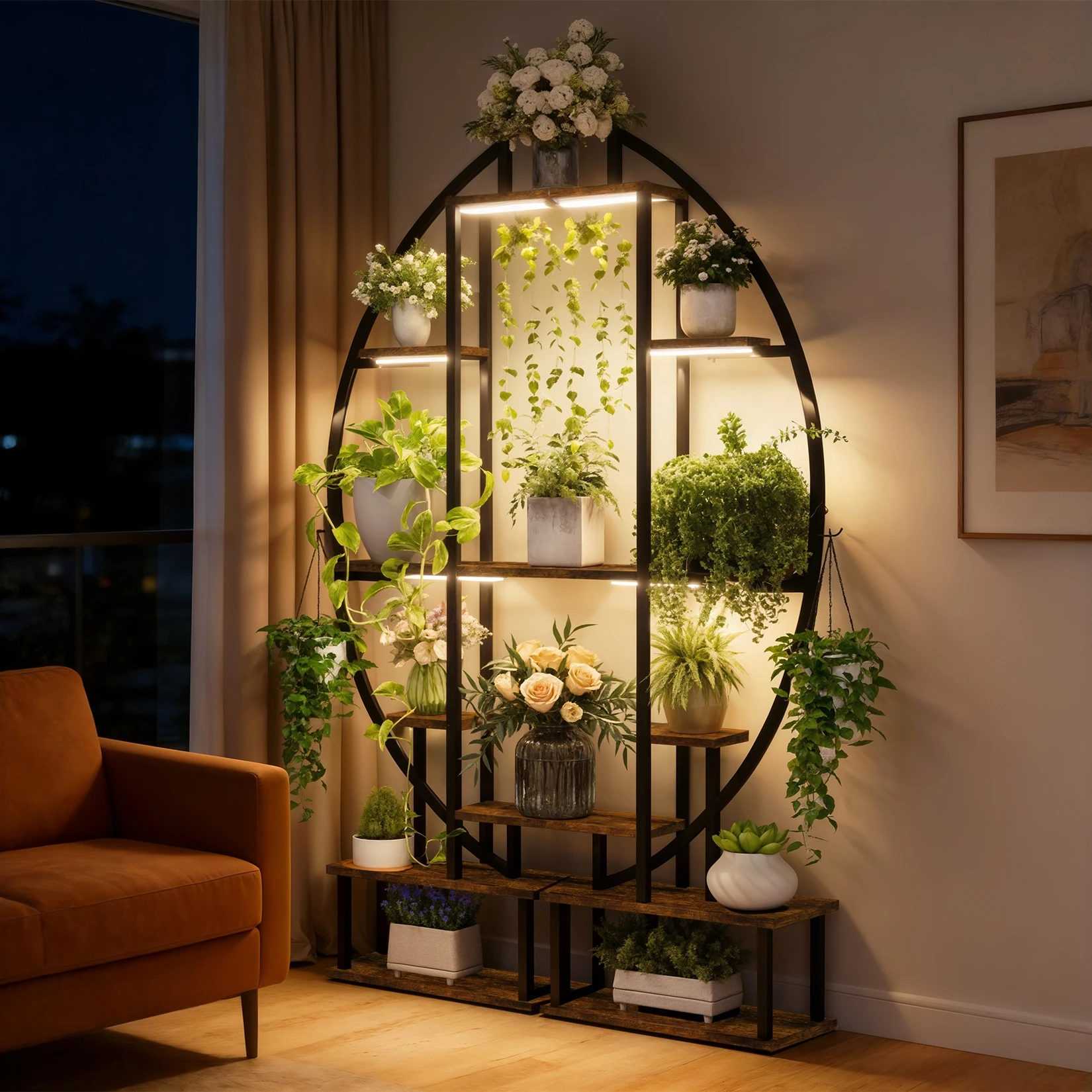 Tall Half-Moon Metal Plant Stand 7-Tiered Flower Display Shelf Indoor Storage Rack for Home Garden Decor