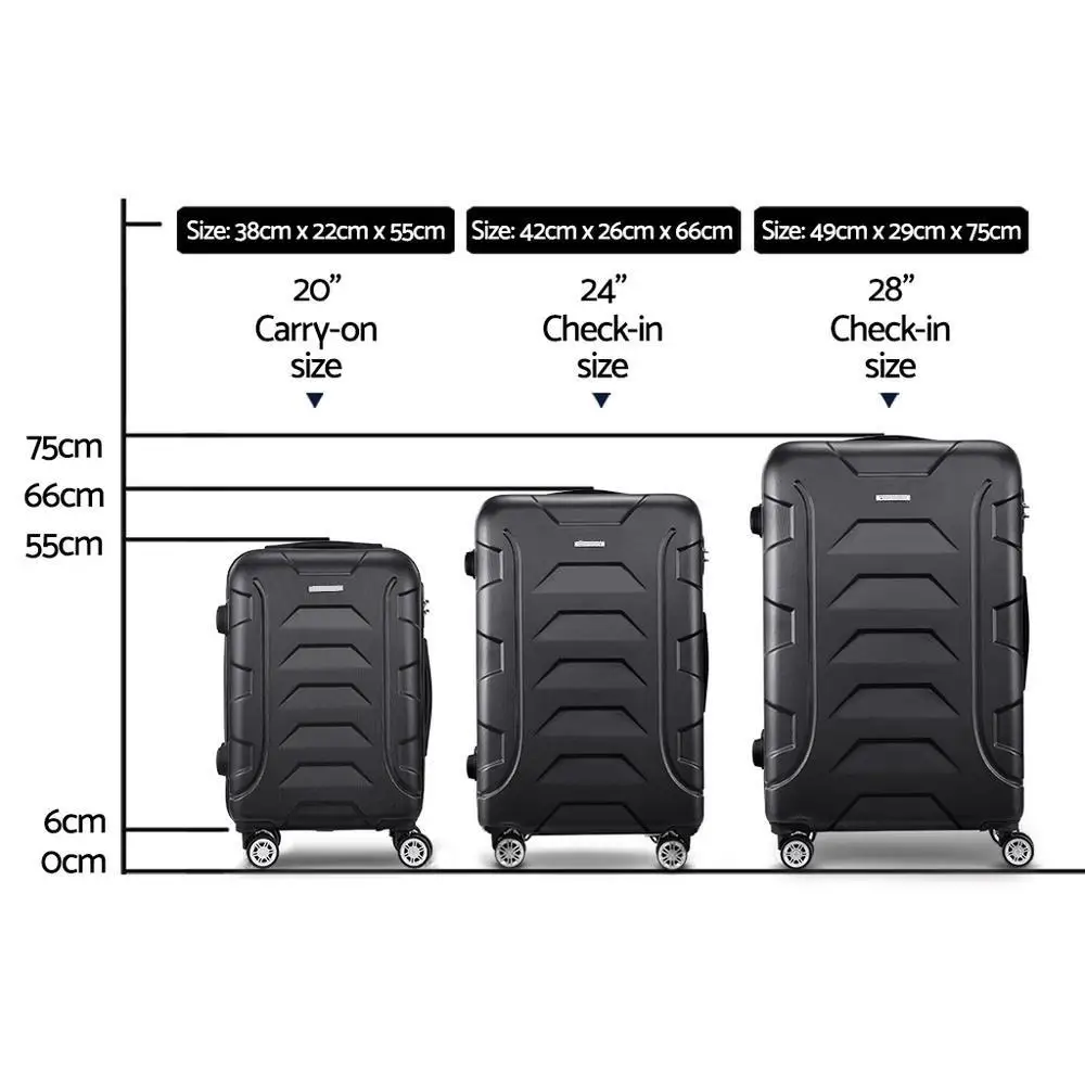 3 Piece 20 24 28 Inch Hard Shell Spinner Luggage Set with TSA Lock Black Carry On Travel Suitcase