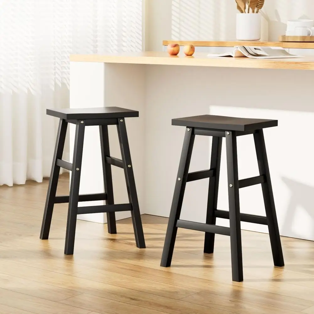 Wooden Bar Stools Set of 2 Black Kitchen Counter Chairs Modern Solid Wood Dining Seating