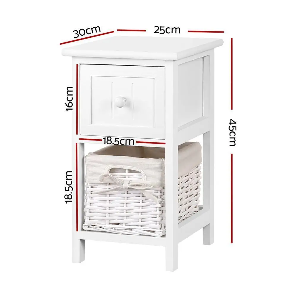 Rustic White Bedside Table 1 Drawer with Basket Wooden Nightstand Storage Cabinet for Bedroom Living Room End Table