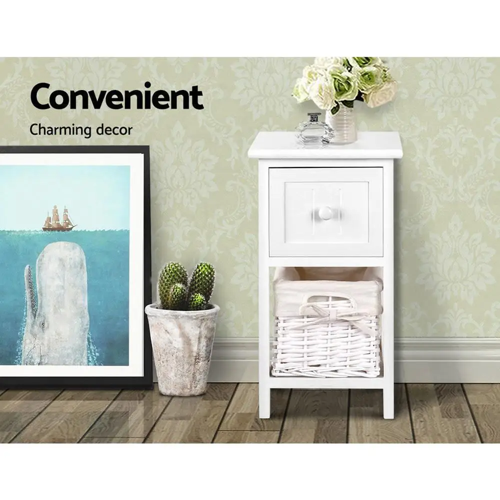 Rustic White Bedside Table 1 Drawer with Basket Wooden Nightstand Storage Cabinet for Bedroom Living Room End Table