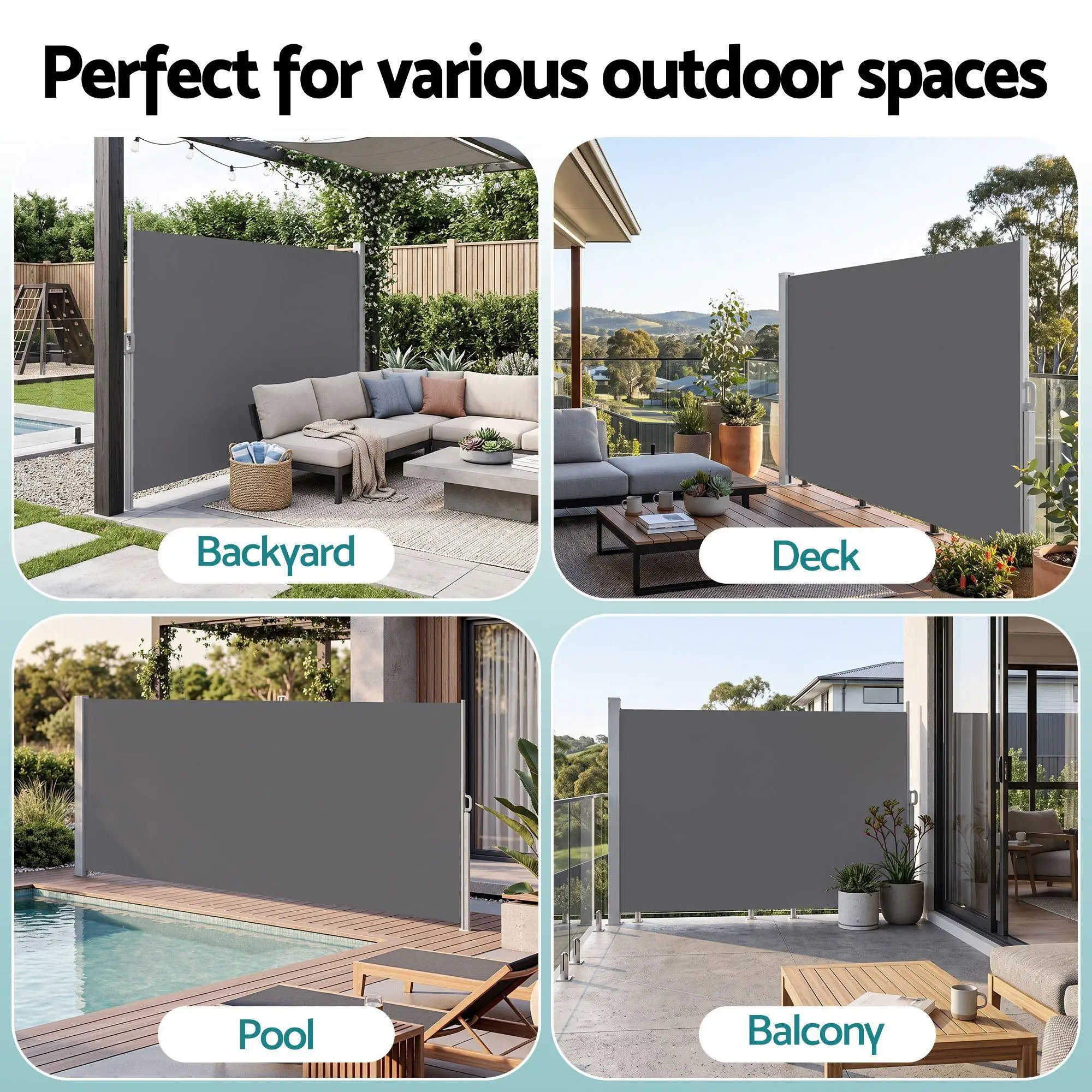 1.8x3.5m Retractable Side Awning Outdoor Privacy Screen Grey Sun Shade Windproof Patio Balcony Fence Screen