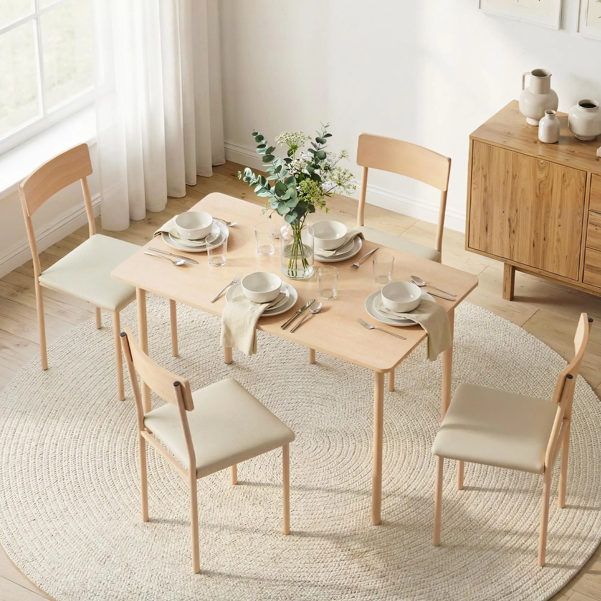 5 Piece Dining Table and Chairs Set Compact Kitchen Furniture Natural Beige Space Saving Dining Set for Small Kitchen Apartment and Dining Room