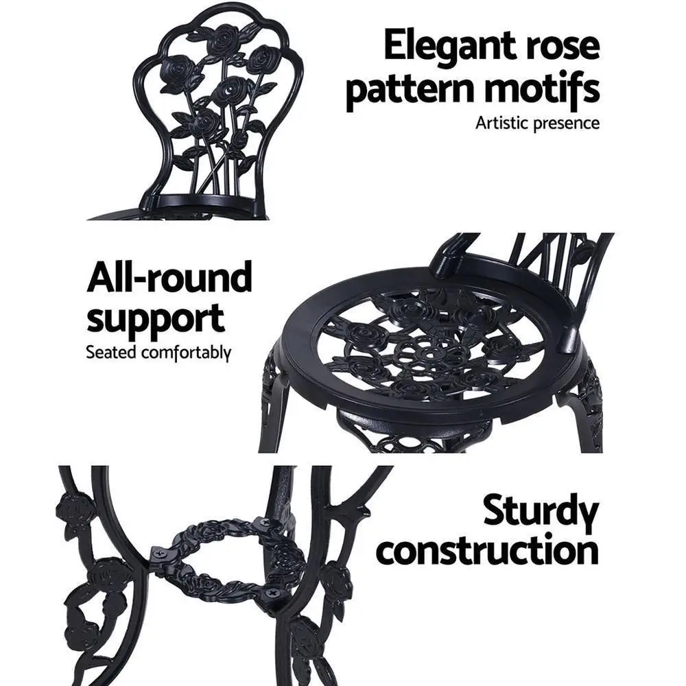 3 Piece Outdoor Bistro Set Cast Aluminum Rose Black Patio Chairs and Table