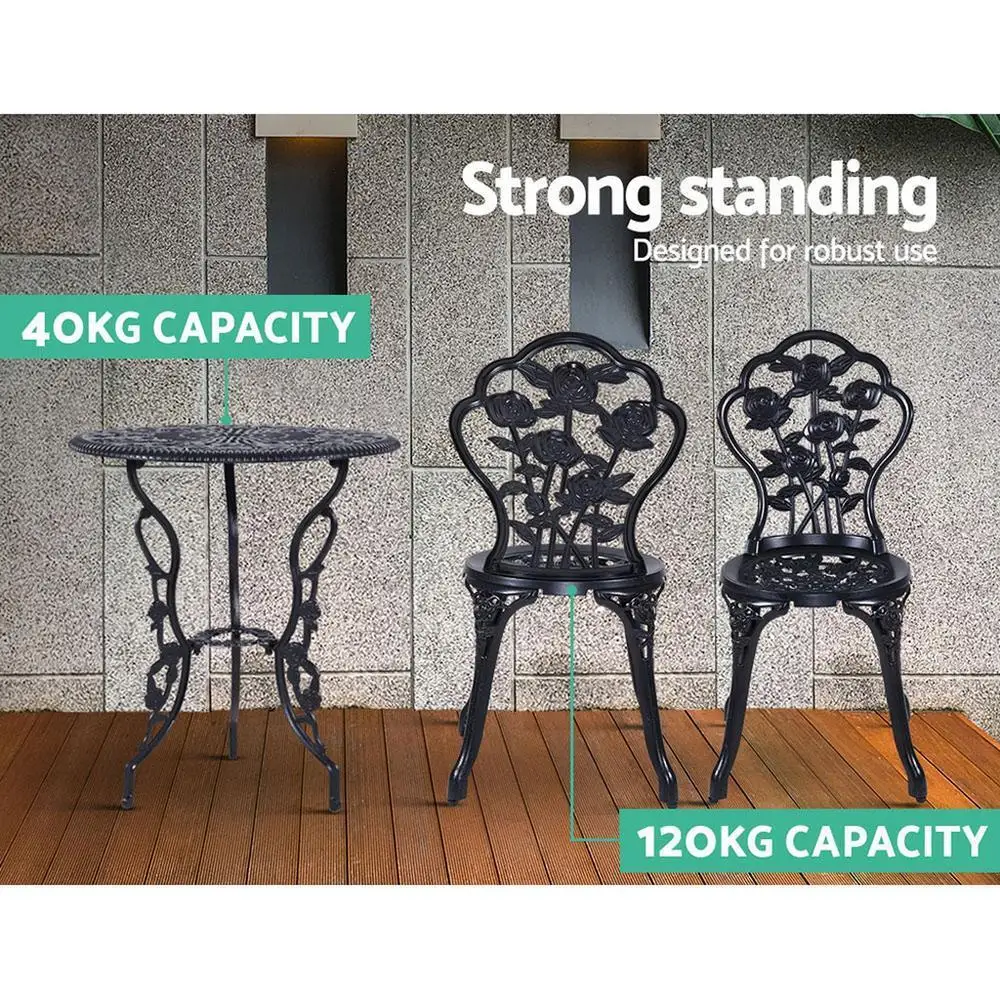3 Piece Outdoor Bistro Set Cast Aluminum Rose Black Patio Chairs and Table
