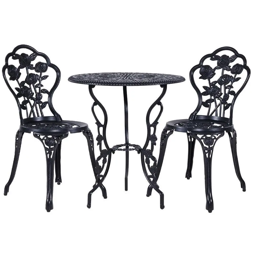 3 Piece Outdoor Bistro Set Cast Aluminum Rose Black Patio Chairs and Table