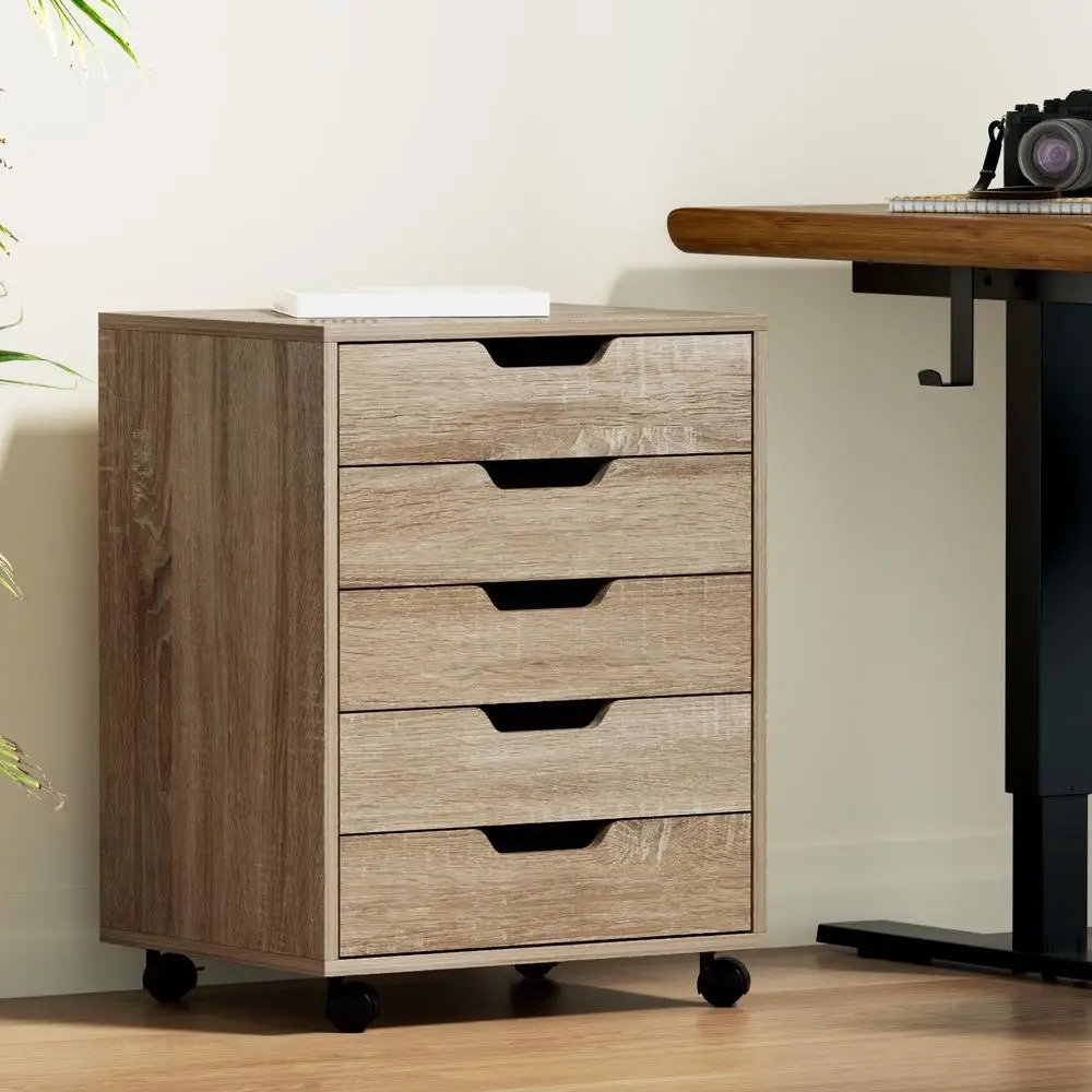 5 Drawer Mobile Filing Cabinet Rolling Storage Chest Beige Space Saving Organizer for Office Home Use