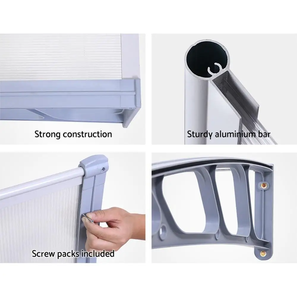 Window Door Awning Canopy 1.5m x 4m Transparent Grey Plastic Frame Outdoor Rain Shelter Porch Cover