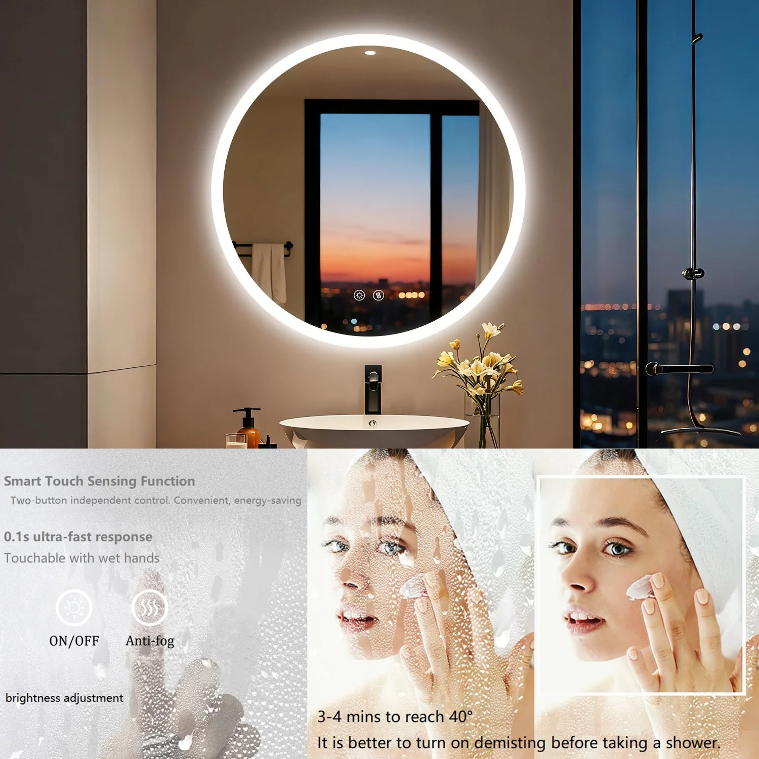 50/60/80CM LED Bathroom Mirror 3 Colors Brightness Anti-Fog Dimmable Shatter-Proof Backlit Vanity Mirror Aluminum Frame