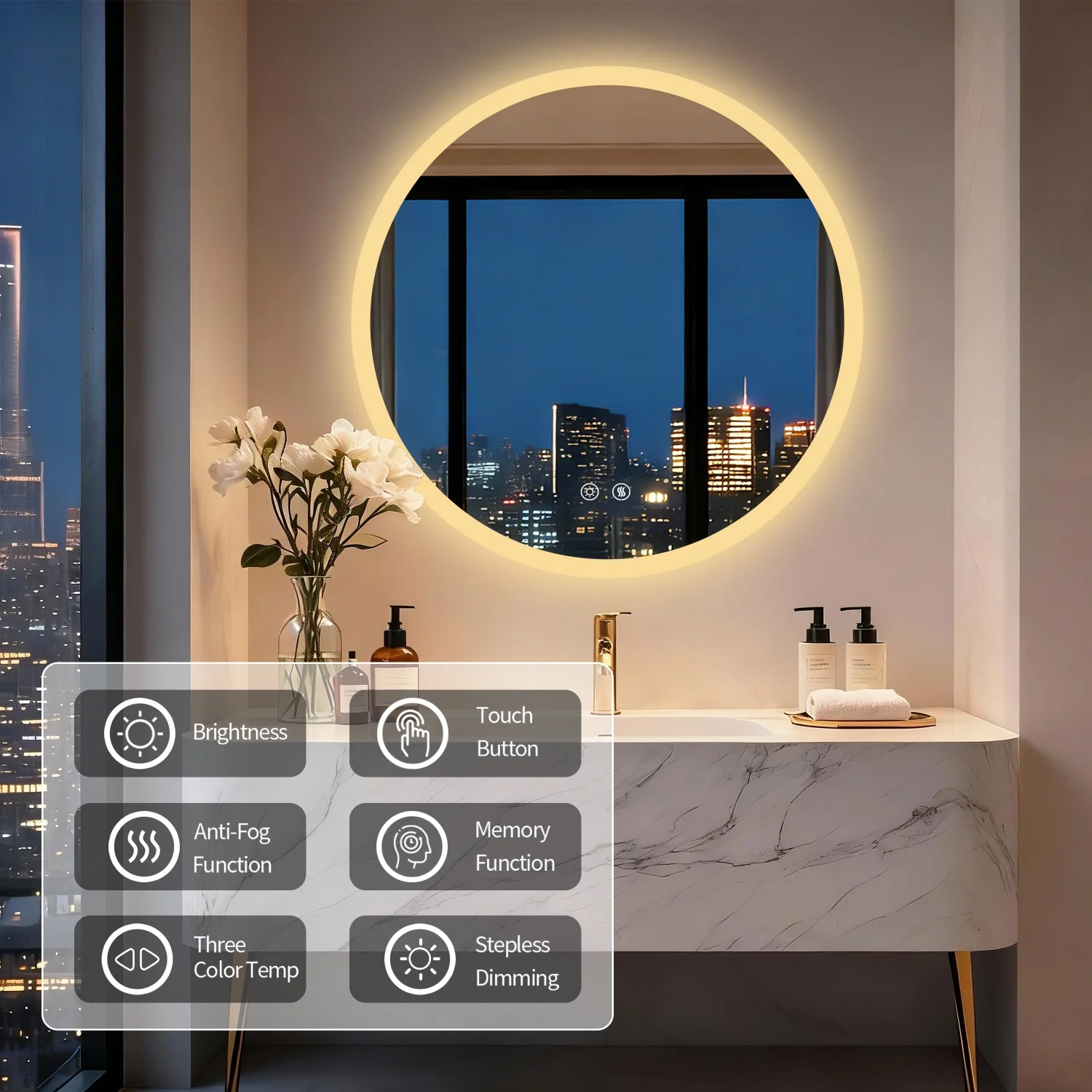50/60/80CM LED Bathroom Mirror 3 Colors Brightness Anti-Fog Dimmable Shatter-Proof Backlit Vanity Mirror Aluminum Frame