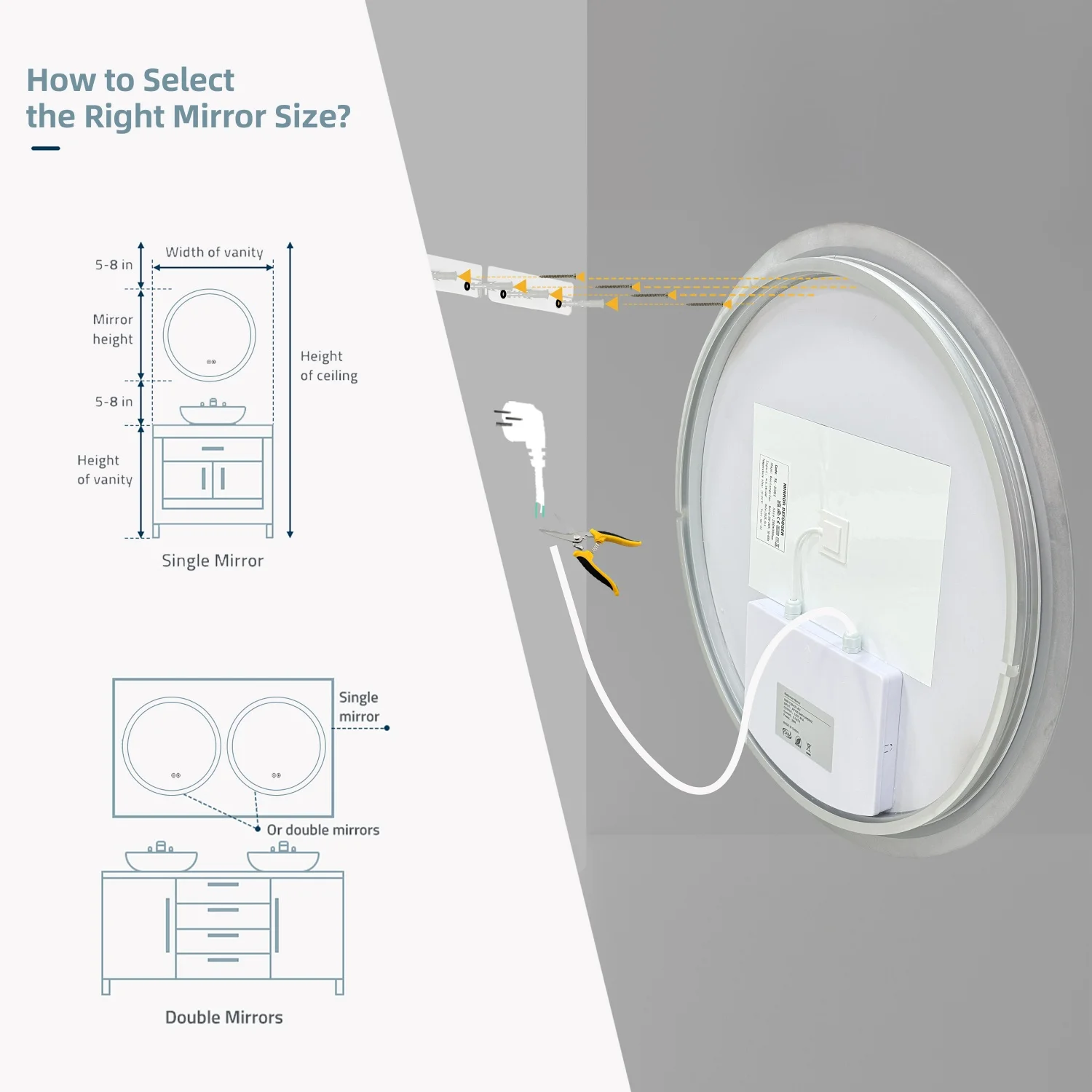 50/60/80CM LED Bathroom Mirror 3 Colors Brightness Anti-Fog Dimmable Shatter-Proof Backlit Vanity Mirror Aluminum Frame