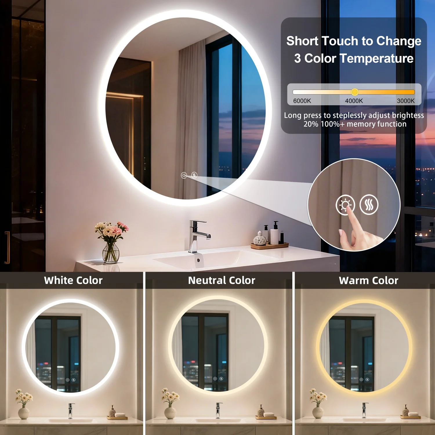 50/60/80CM LED Bathroom Mirror 3 Colors Brightness Anti-Fog Dimmable Shatter-Proof Backlit Vanity Mirror Aluminum Frame
