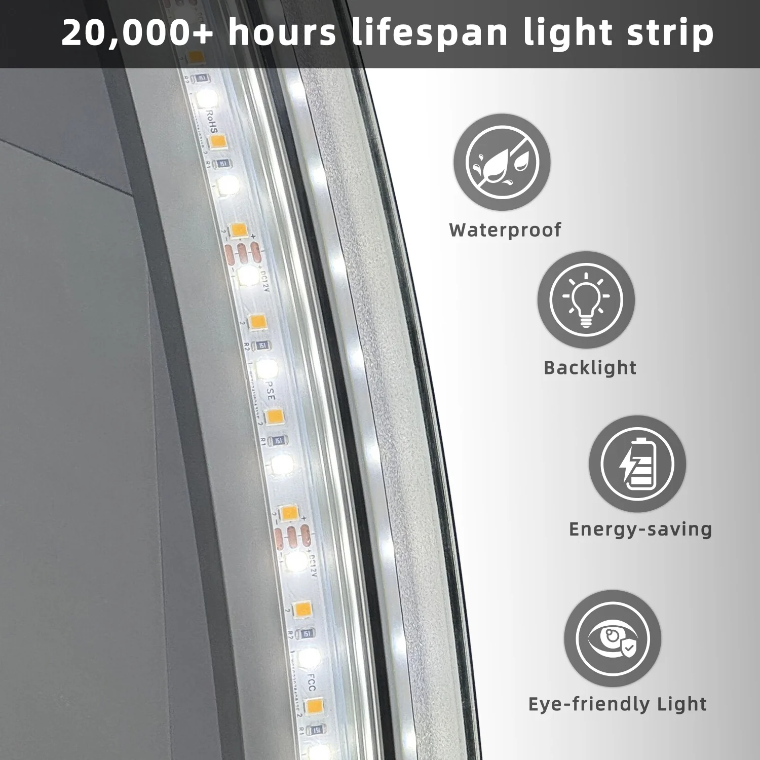 50/60/80CM LED Bathroom Mirror 3 Colors Brightness Anti-Fog Dimmable Shatter-Proof Backlit Vanity Mirror Aluminum Frame