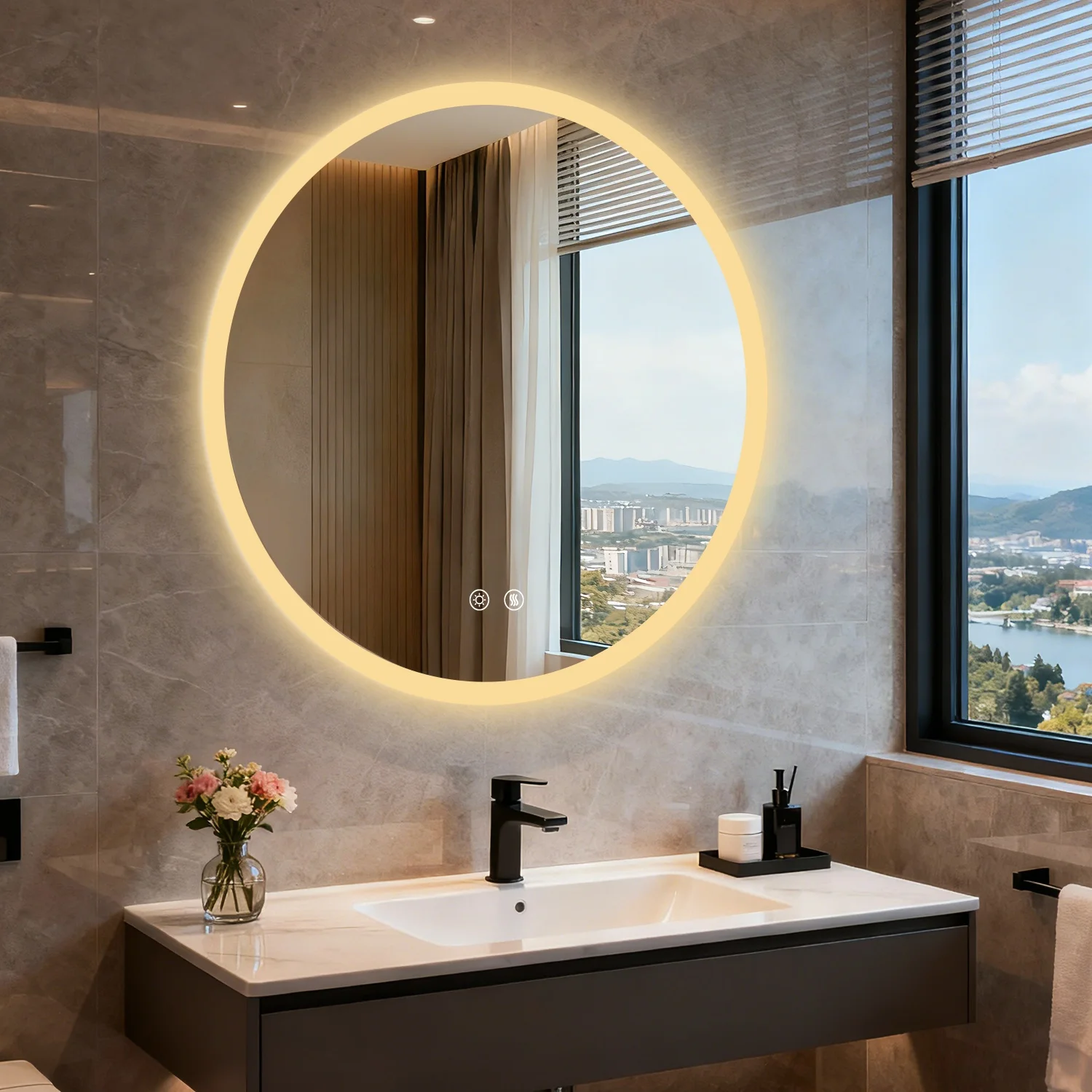 50/60/80CM LED Bathroom Mirror 3 Colors Brightness Anti-Fog Dimmable Shatter-Proof Backlit Vanity Mirror Aluminum Frame