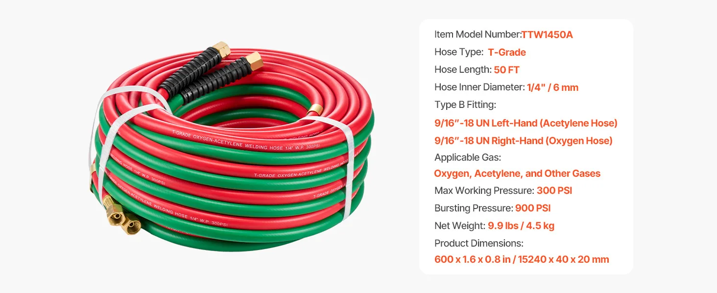 SucceBuy Oxygen Acetylene Hose Oxy Acetylene Hose w/ Fitting 300PSI T Grade Welding Cutting Torch Twin Hose Compatible w/ Oxygen