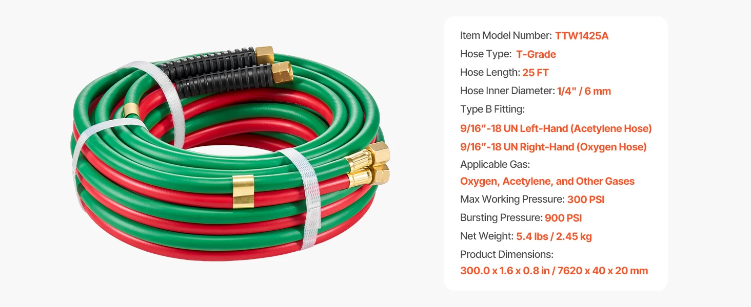 SucceBuy Oxygen Acetylene Hose Oxy Acetylene Hose w/ Fitting 300PSI T Grade Welding Cutting Torch Twin Hose Compatible w/ Oxygen