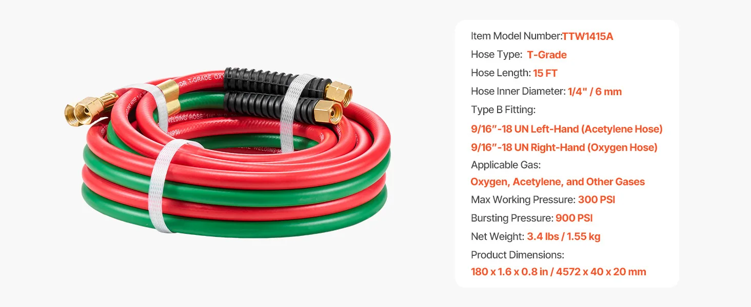 SucceBuy Oxygen Acetylene Hose Oxy Acetylene Hose w/ Fitting 300PSI T Grade Welding Cutting Torch Twin Hose Compatible w/ Oxygen