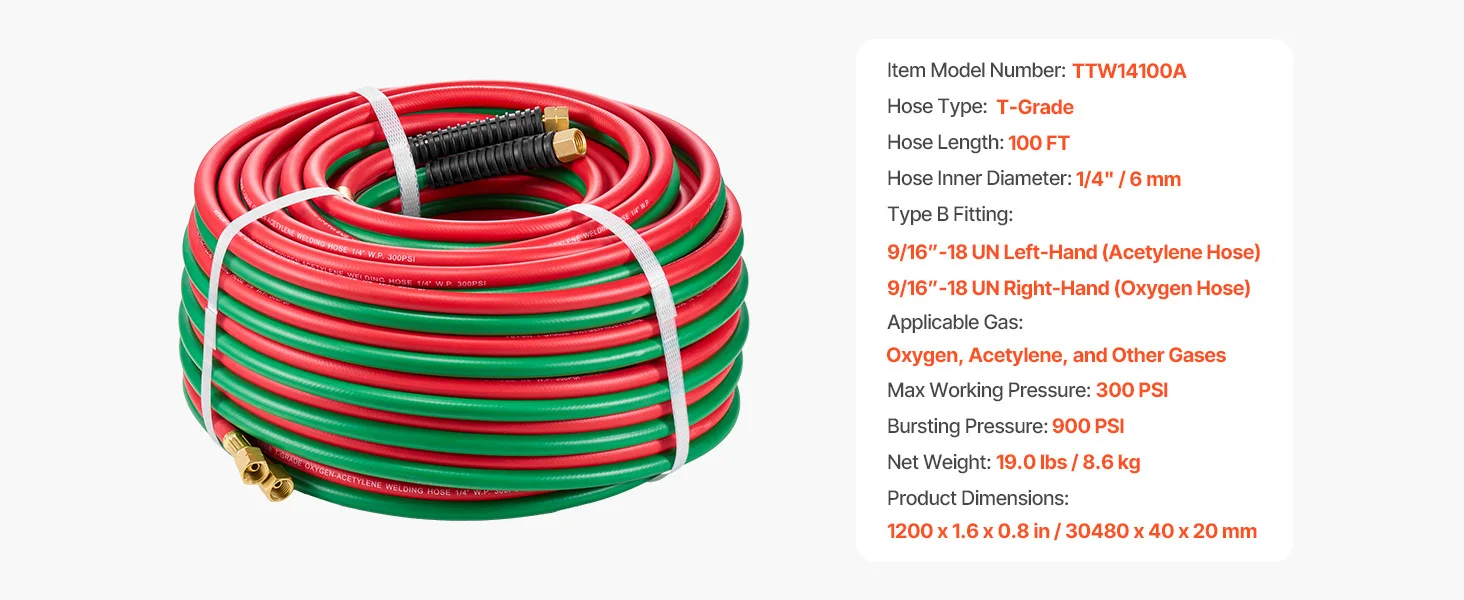 SucceBuy Oxygen Acetylene Hose Oxy Acetylene Hose w/ Fitting 300PSI T Grade Welding Cutting Torch Twin Hose Compatible w/ Oxygen