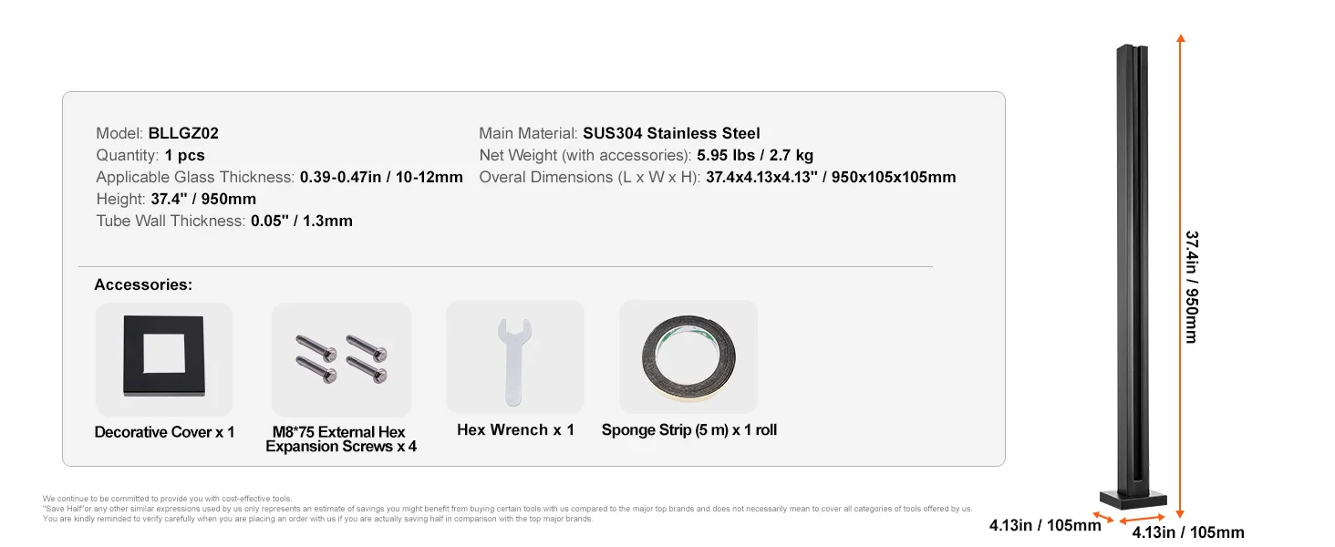 SucceBuy Glass Clamp 41.34 in Height Glass Railing Bracket for 0.39 "-0.47 " Thickness Tempered Glass, Stainless Steel Clamp