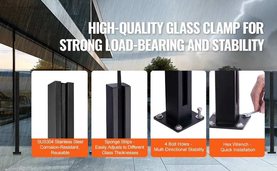 SucceBuy Glass Clamp 41.34 in Height Glass Railing Bracket for 0.39 "-0.47 " Thickness Tempered Glass, Stainless Steel Clamp