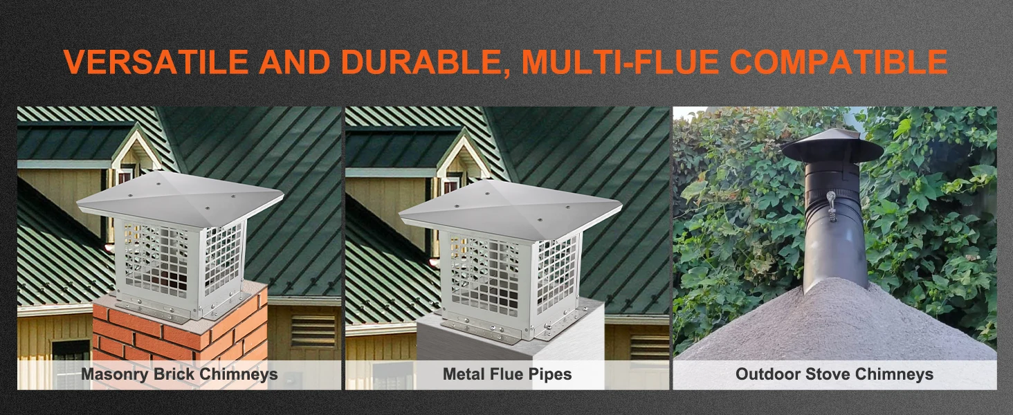 SucceBuy Chimney Cap 4Sizes 304Stainless Steel Fireplace Chimney Cover Not Easily Toppled Fits Mesh Flue Outside Cover Silver