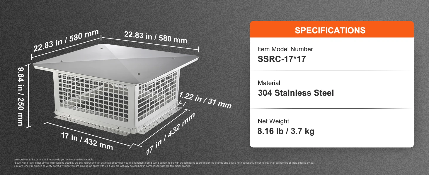 SucceBuy Chimney Cap 4Sizes 304Stainless Steel Fireplace Chimney Cover Not Easily Toppled Fits Mesh Flue Outside Cover Silver