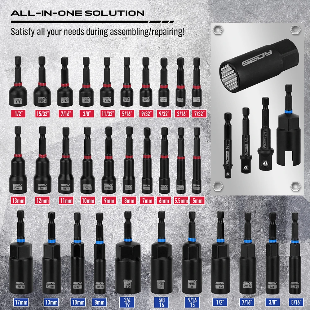 SEDY 80-Piece Premium Magnetic Impact Nut Driver Set Metric & SAE with Socket AdaptersBit Holder Wing Nut Driver