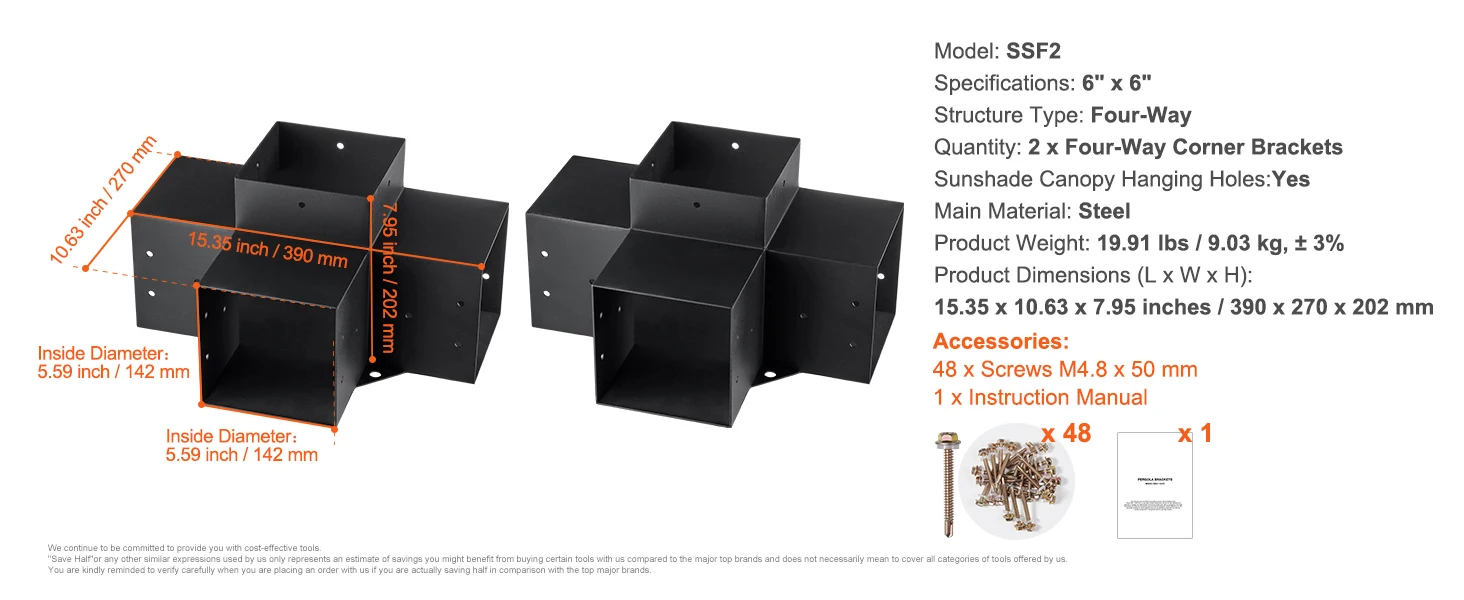 SucceBuy Pergola Bracket Kit 6inchx6inch 4pcs 3 Way Easy Installation to Gazebos Patio Pergolas Log Cabin Outdoor Hardware