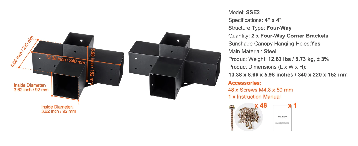 SucceBuy Pergola Bracket Kit 6inchx6inch 4pcs 3 Way Easy Installation to Gazebos Patio Pergolas Log Cabin Outdoor Hardware