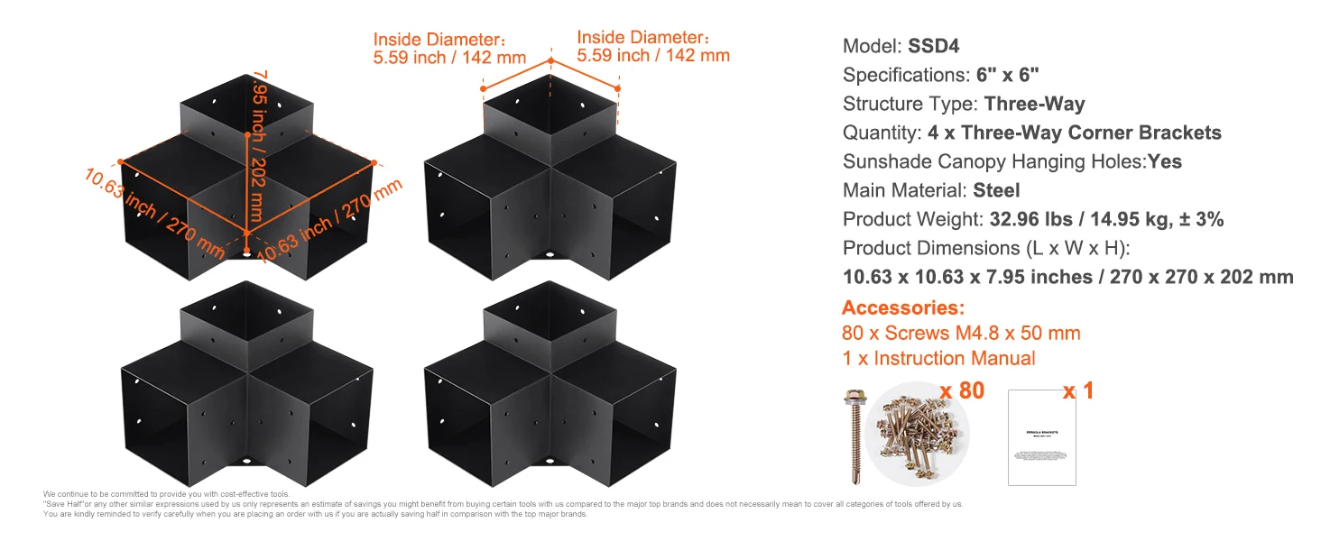 SucceBuy Pergola Bracket Kit 6inchx6inch 4pcs 3 Way Easy Installation to Gazebos Patio Pergolas Log Cabin Outdoor Hardware