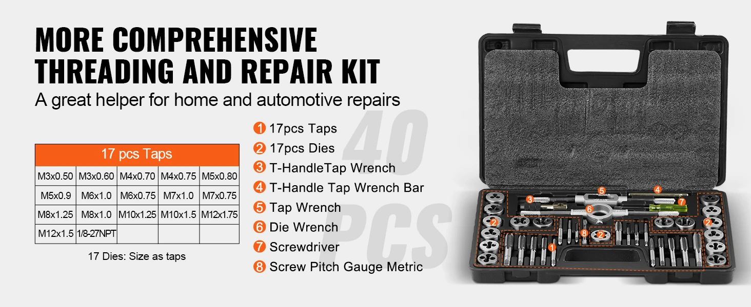 SucceBuy Tap and Die Set 110/116PCs Metric SAE Standard Bearing Steel Taps and Dies Essential Threading Tool