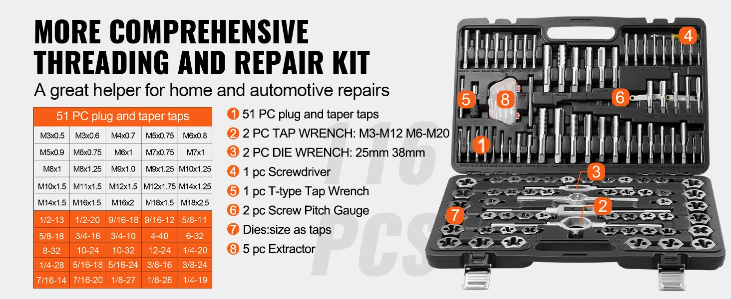 SucceBuy Tap and Die Set 110/116PCs Metric SAE Standard Bearing Steel Taps and Dies Essential Threading Tool