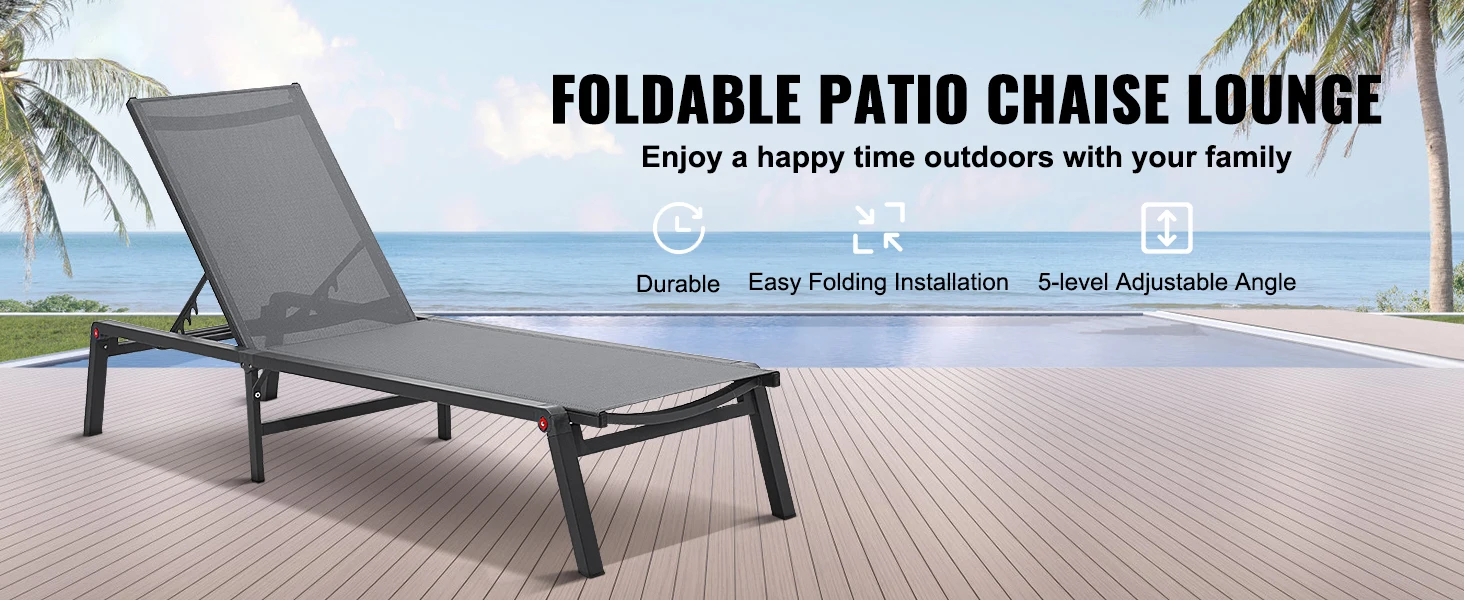 SucceBuy Chaise Lounge Chair Outdoor Aluminum Patio LoungeFolding Pool Lounge Recliner Full Flat to Patio Beach Pool Dark Grey