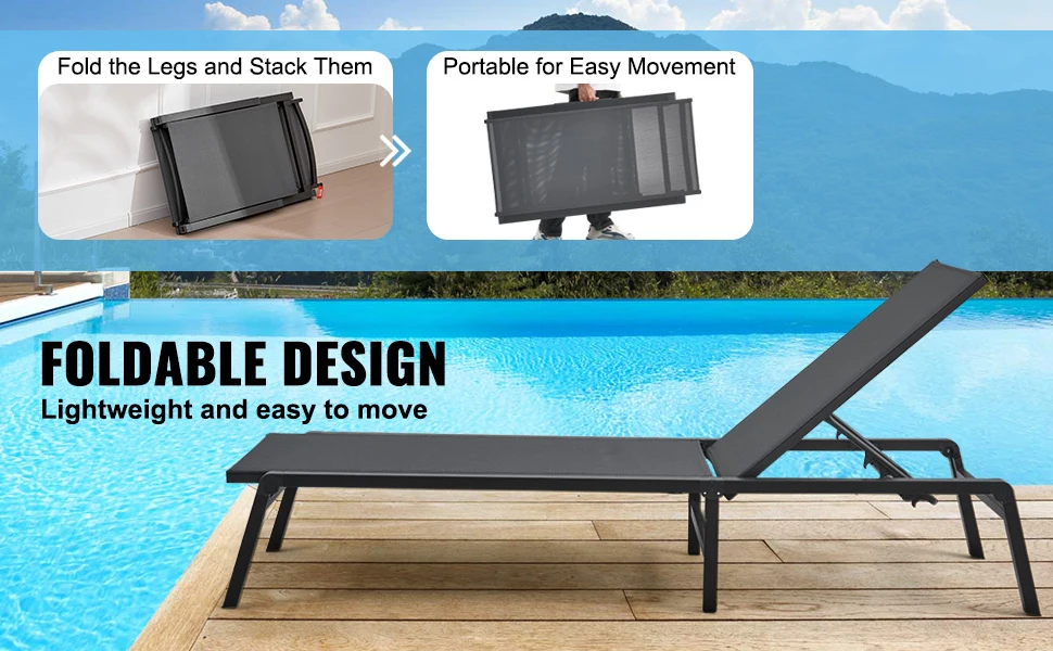 SucceBuy Chaise Lounge Chair Outdoor Aluminum Patio LoungeFolding Pool Lounge Recliner Full Flat to Patio Beach Pool Dark Grey