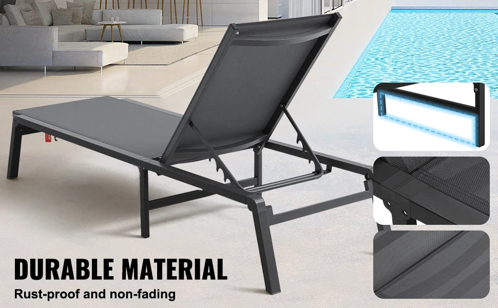 SucceBuy Chaise Lounge Chair Outdoor Aluminum Patio LoungeFolding Pool Lounge Recliner Full Flat to Patio Beach Pool Dark Grey