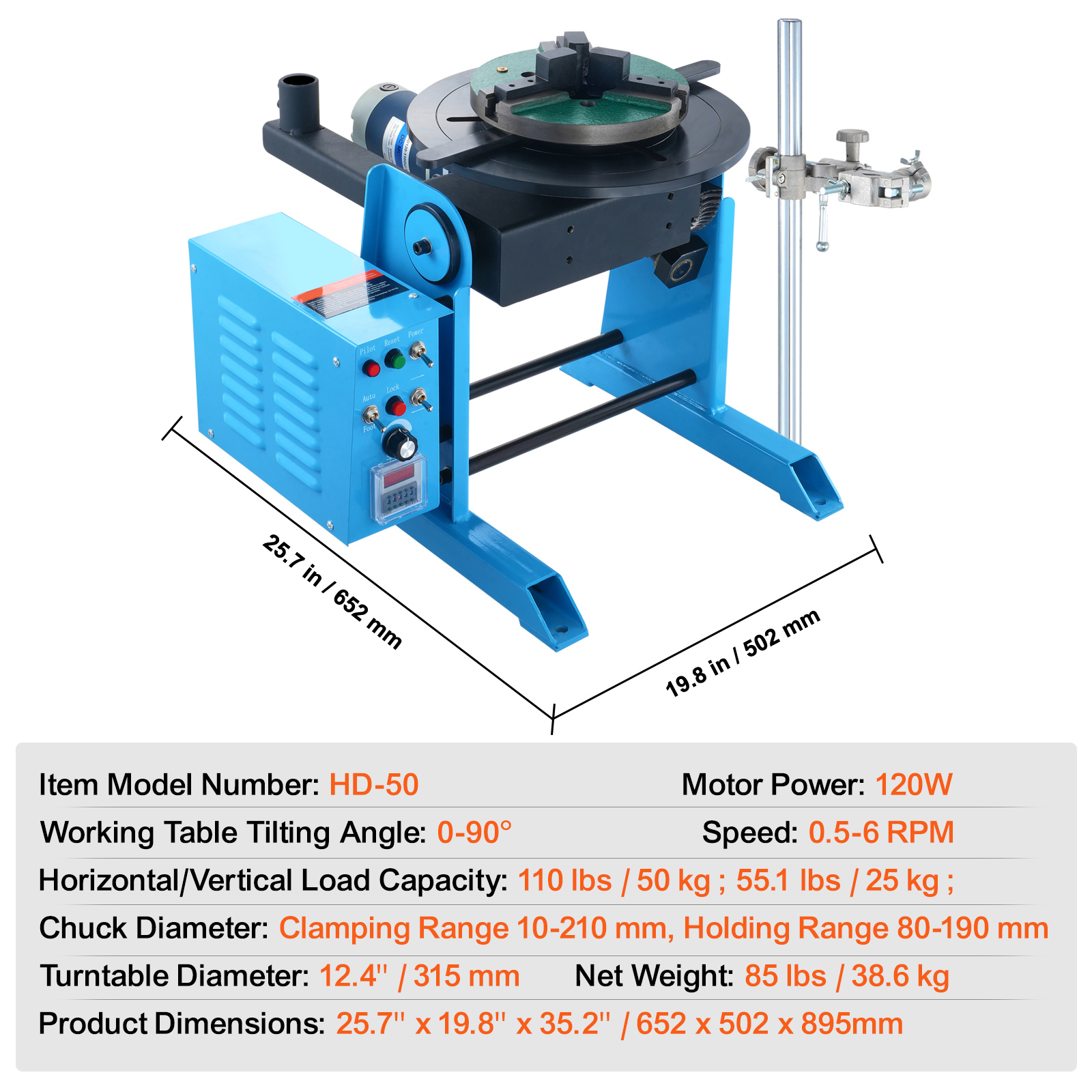 SucceBuy Rotary Welding Positioner50KG 0-90°Welding Positioning Turntable Table0.5-6RPM 120W with 12.4 Inch 3-Jaw Lathe Chuck