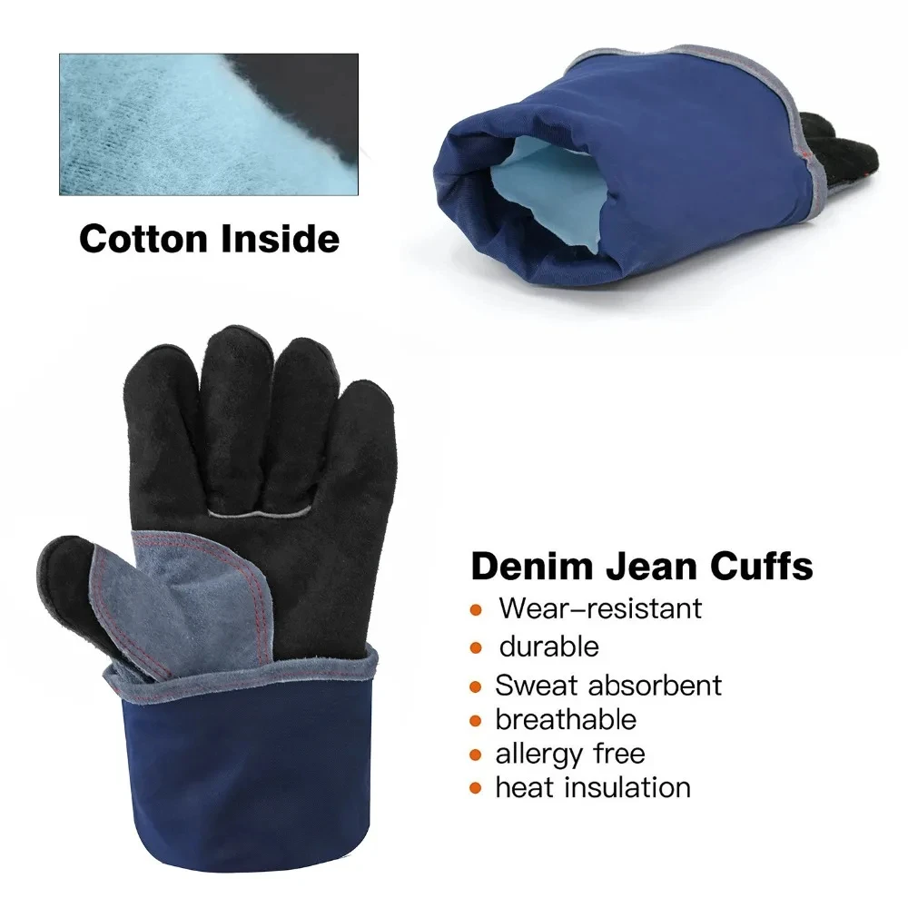 HITBOX 14/16inch Welding Gloves For Tig Mig Welder Works Barbecue Kitchen Stove Heat-resistant Thick Cow Split Leather Gloves