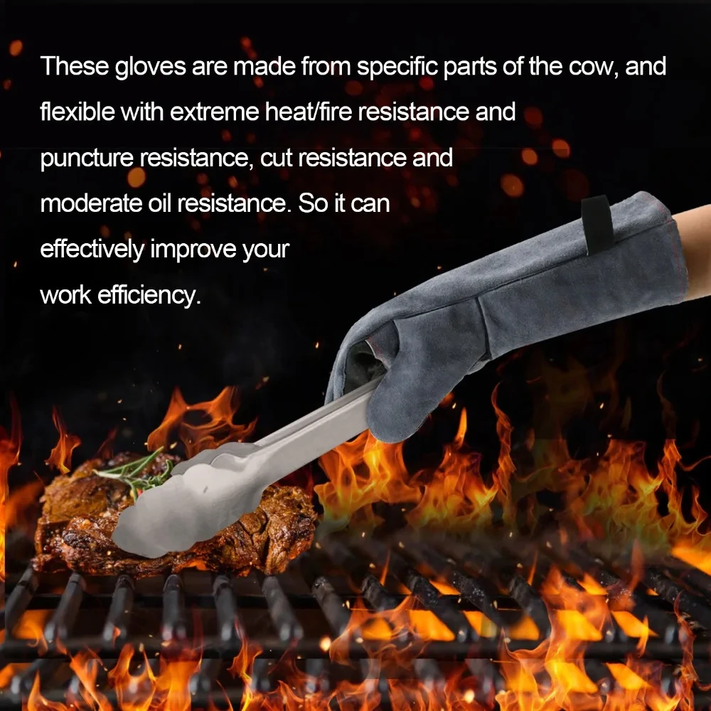 HITBOX 14/16inch Welding Gloves For Tig Mig Welder Works Barbecue Kitchen Stove Heat-resistant Thick Cow Split Leather Gloves